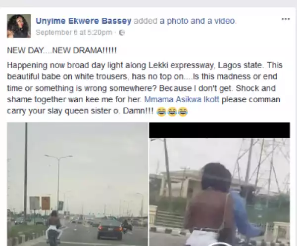 Topless Lady Spotted On A Motorbike Along Lekki Expressway In Lagos (Photos)